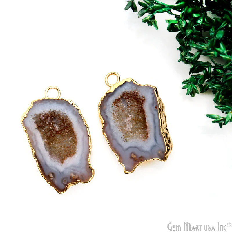 Rings with aquamarine stones for ocean charm -Geode Druzy 32x19mm Organic Gold Electroplated Single Bail Gemstone Earring Connector 1 Pair