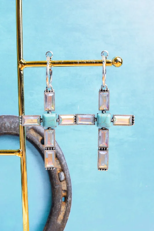 Drop Earrings with Crown Designs -TIPI Crystal Cross Silvertone and Turquoise Earrings