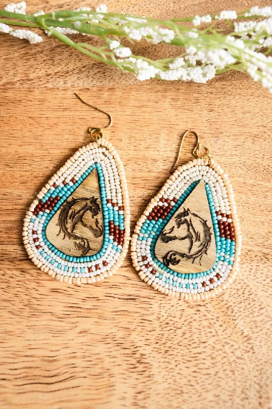 Drop Earrings with Floral Motifs -SALE! Horseshoe Bend Wood and White Multi Seed Bead Teardrop Earrings