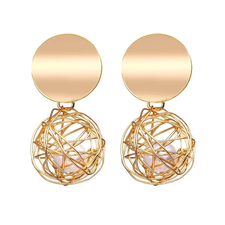 Drop Earrings with Star Motifs -Drop Earrings with a woven metal mesh ball and pearl. Gold tone.