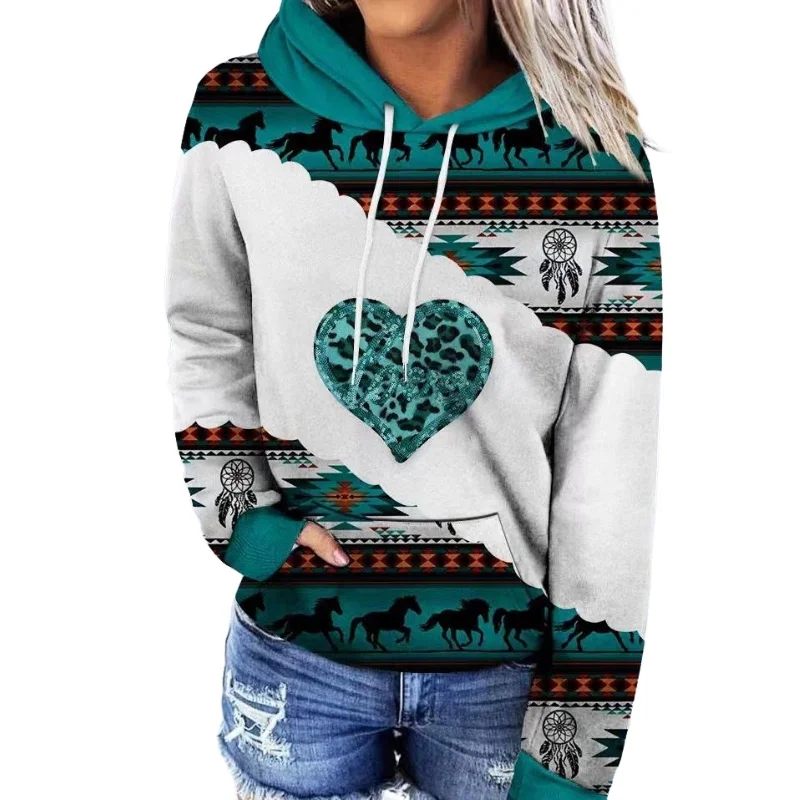 Rings with vintage-inspired rose-cut diamonds -Women's Hooded Multicolor Printing Sports Pocket Drawstring 3D Retro Sweater