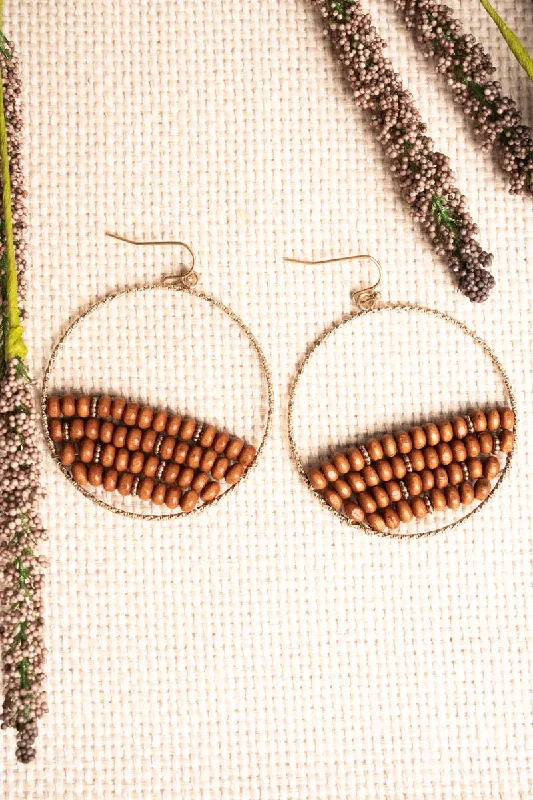 Drop Earrings with Embossed Patterns -SALE! Richbrook Goldtone Brown Wooden Bead Earrings