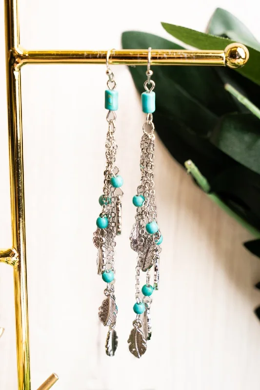 Drop Earrings with Leaf Motifs -Crystal Avenue Whispering Winds Feather Turquoise Silvertone Earrings