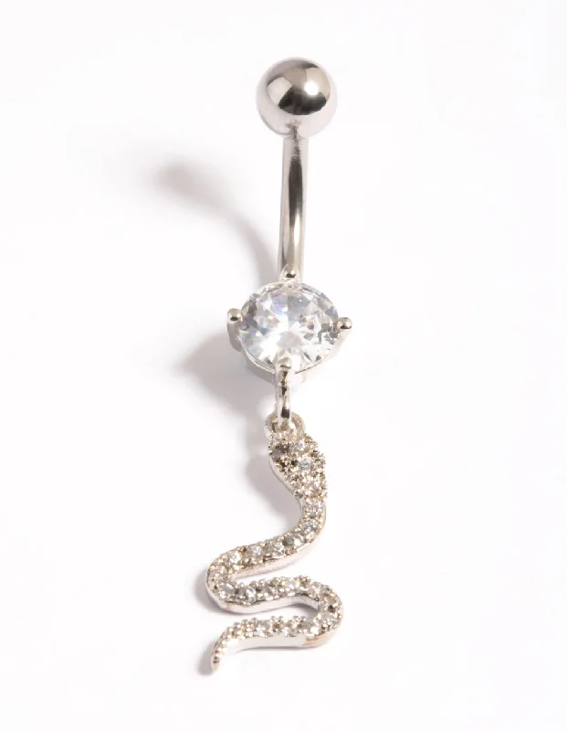 Rings with raw citrine for sunny charm -Surgical Steel Crystal Snake Drop Belly Ring