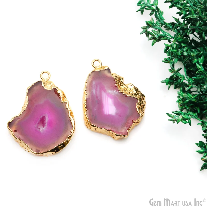 Chunky rings with hammered gold band texture -Agate Slice 41x31mm Organic Gold Electroplated Gemstone Earring Connector 1 Pair