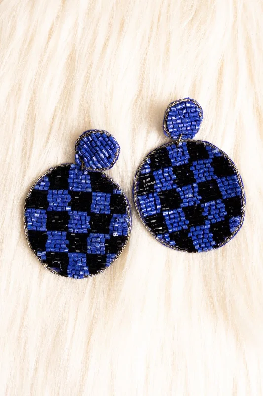 Drop Earrings with Polished Shine -SALE! Indy Check Seed Bead Blue Disk Earrings