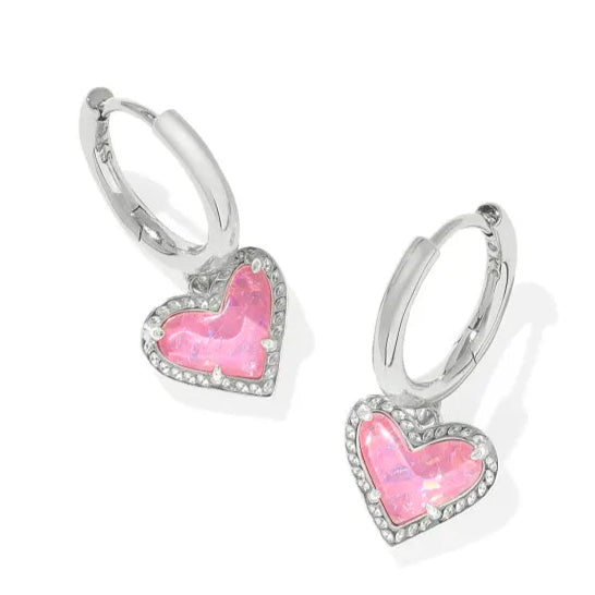 Drop Earrings with Infinity Symbols -Kendra Scott | Ari Heart Silver Huggie Earrings in Pink Iridescent Glitter Glass