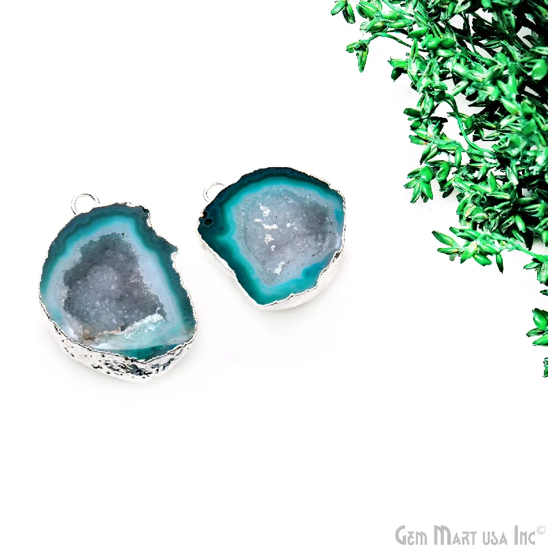 Rings with birthstone clusters for personalization -Geode Druzy 29x22mm Organic Silver Electroplated Single Bail Gemstone Earring Connector 1 Pair