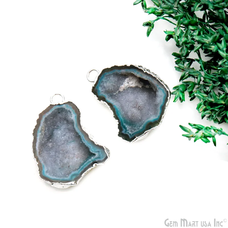 Stackable rings with mixed metal finishes -Geode Druzy 30x22mm Organic Silver Electroplated Single Bail Gemstone Earring Connector 1 Pair