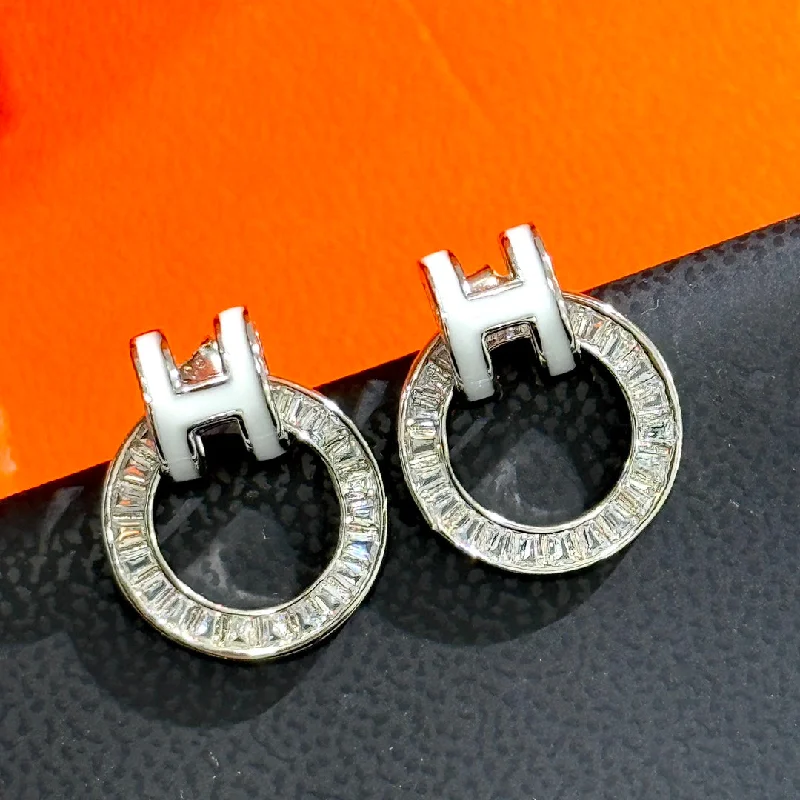 Heart Shaped Drop Earrings for Love -Hot selling H Home Enamel H Ladder Diamond Circle Hollow Silver Earrings EHA140