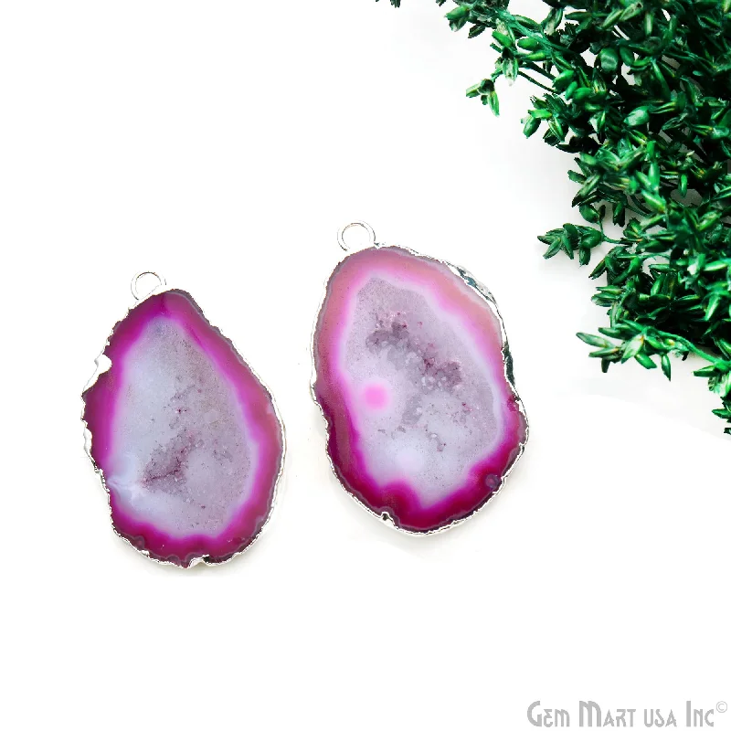 Rings with pave ruby for dazzling sparkle -Geode Druzy 26x40mm Organic Silver Electroplated Single Bail Gemstone Earring Connector 1 Pair