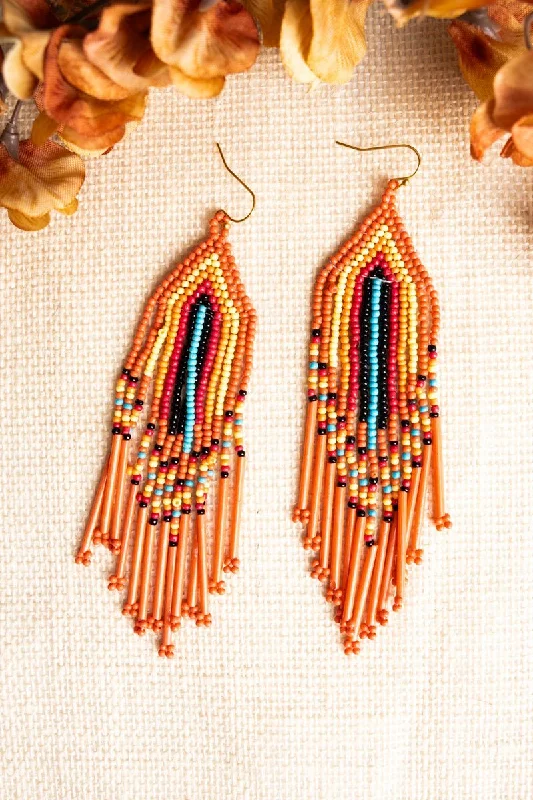 Drop Earrings with Infinity Symbols -SALE! Fall River Coral Multi Seed Bead Fringe Earrings