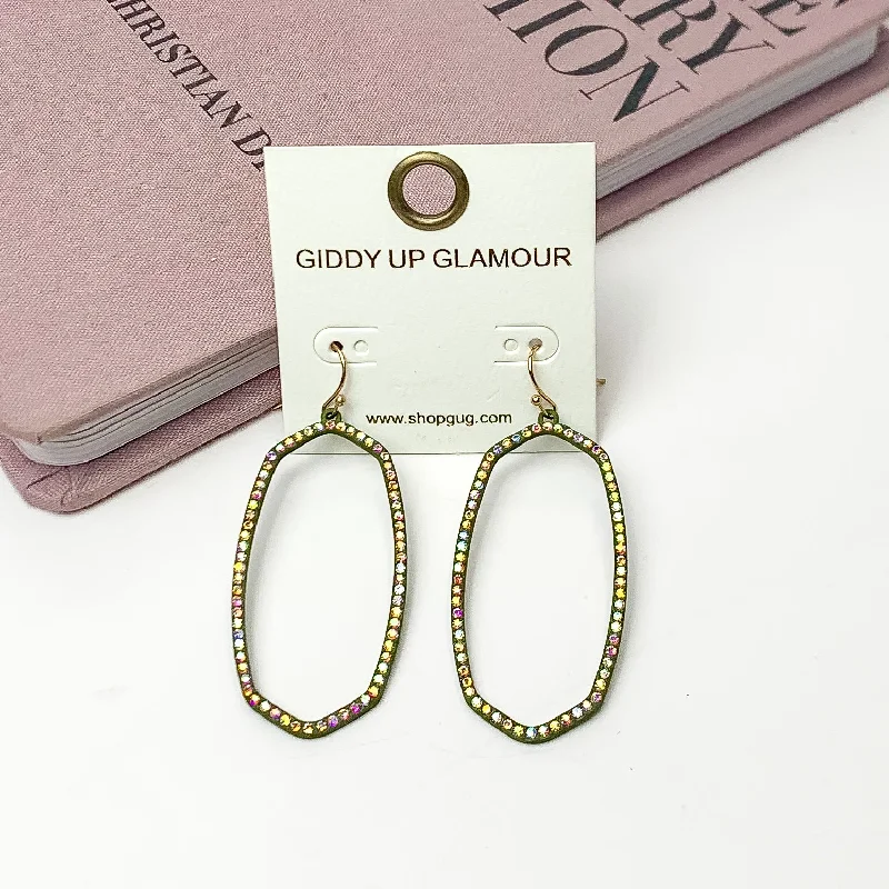 Drop Earrings with Hammered Finish -Sparkle Girl Open Oval Earrings in Olive Green