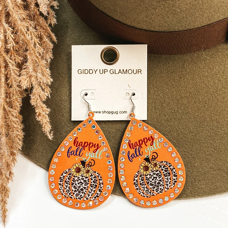 Screw Back Drop Earrings for Security -Happy Fall Y'all Teardrop Earrings in Orange with AB Crystals