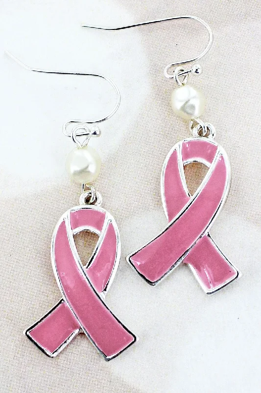 Heavy Duty Drop Earrings for Durability -Pink Ribbon and Pearl Earrings