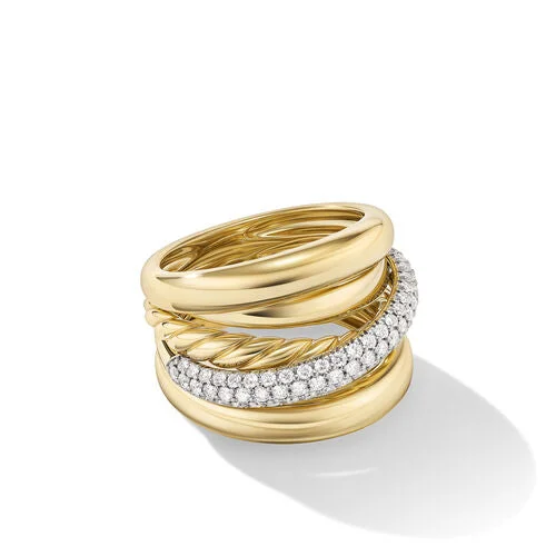 Stackable rings with mixed metal finishes -Pavé Crossover Five Row Ring in 18K Yellow Gold with Diamonds, Size 7