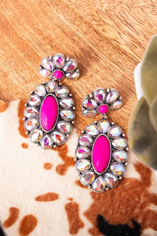 Drop Earrings with Filigree Work -Viola Emilia Iridescent Crystal and Fuchsia Earrings