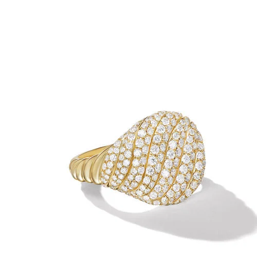 Rings with polished jade for smooth calm -Sculpted Cable Pinky Ring in 18K Yellow Gold with Pavé Diamonds, Size 3.5