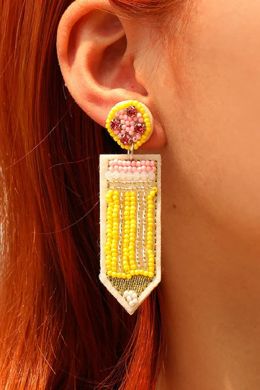 Drop Earrings with Embossed Patterns -Yellow Teacher Pencil Earrings