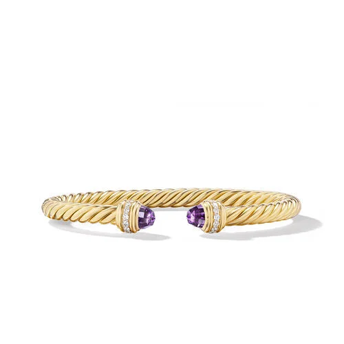 Bangles with bold hematite for metallic shine -Classic Cablespira Bracelet in 18K Yellow Gold with Amethyst and Diamonds, 5mm