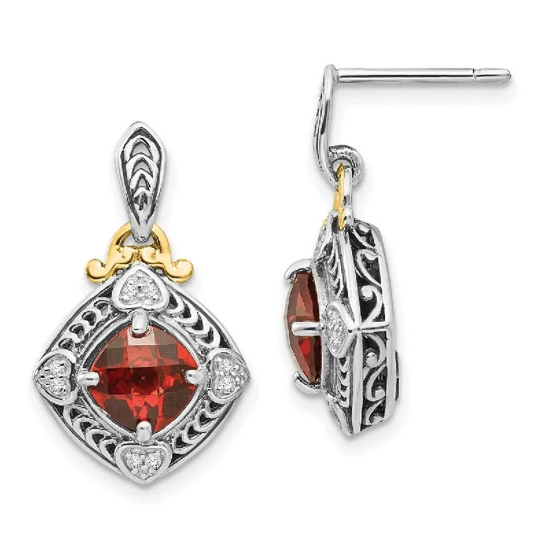 Drop Earrings with Matte Finish -Curata 925 Sterling Silver Polished Prong set Post Earrings With 14k Diamond and Garnet Earrings - 22x13mm Wide