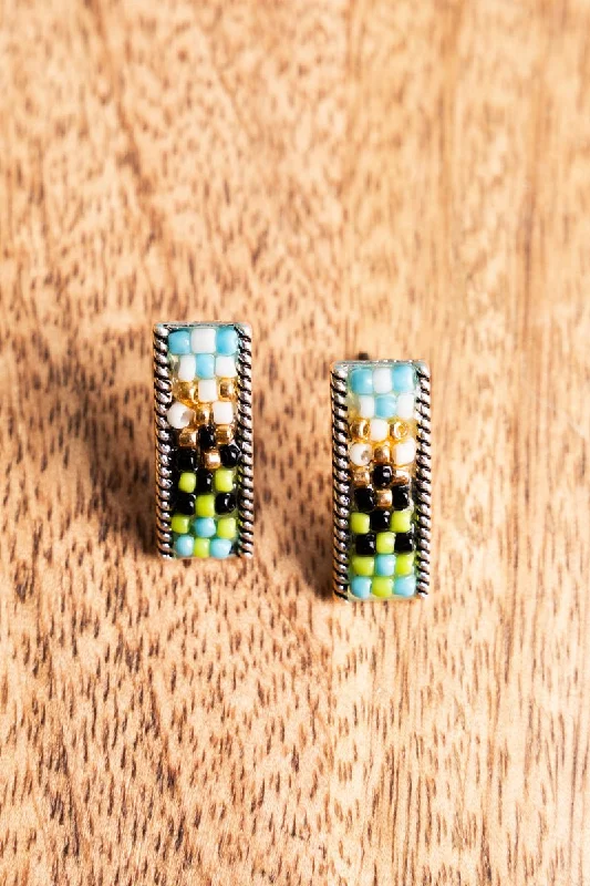 Drop Earrings for Travel Look -SALE! Turquoise Multi Sead Bead Silvertone Bar Earrings