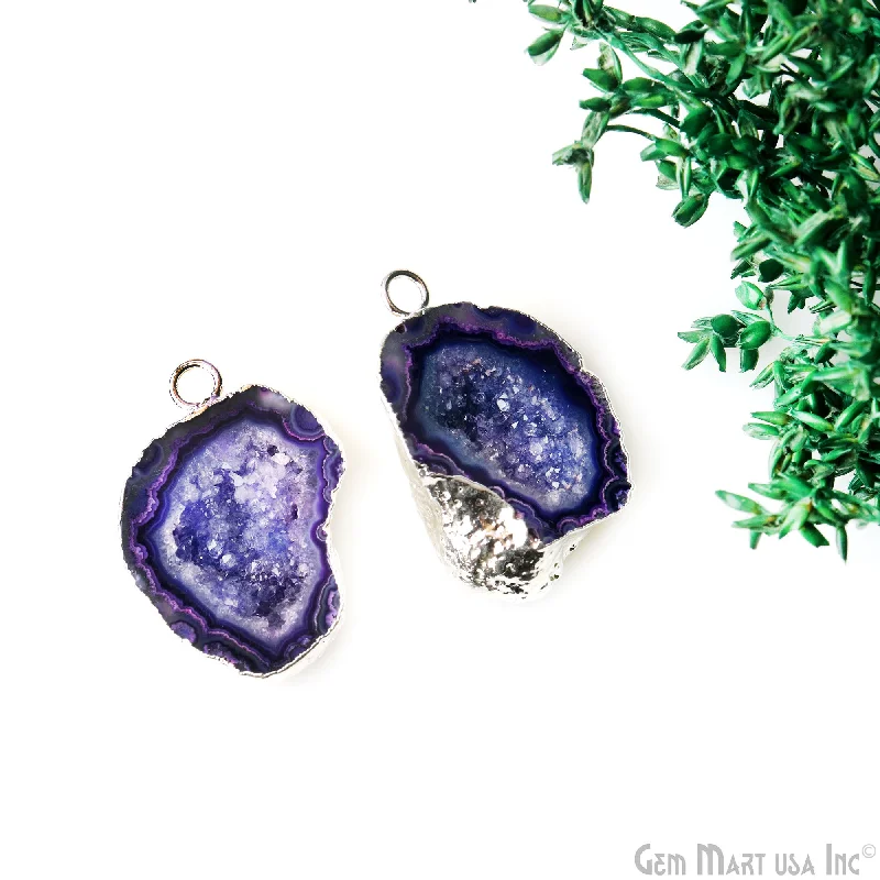 Handcrafted rings with raw emerald rough stones -Geode Druzy 21x32mm Organic Silver Electroplated Single Bail Gemstone Earring Connector 1 Pair