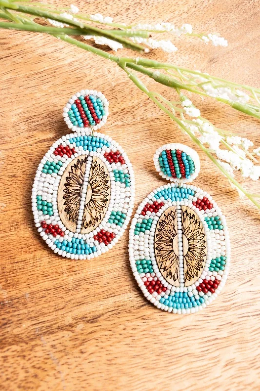 African Drop Earrings with Culture -SALE! Sun River Terrace White Multi Seed Bead Earrings