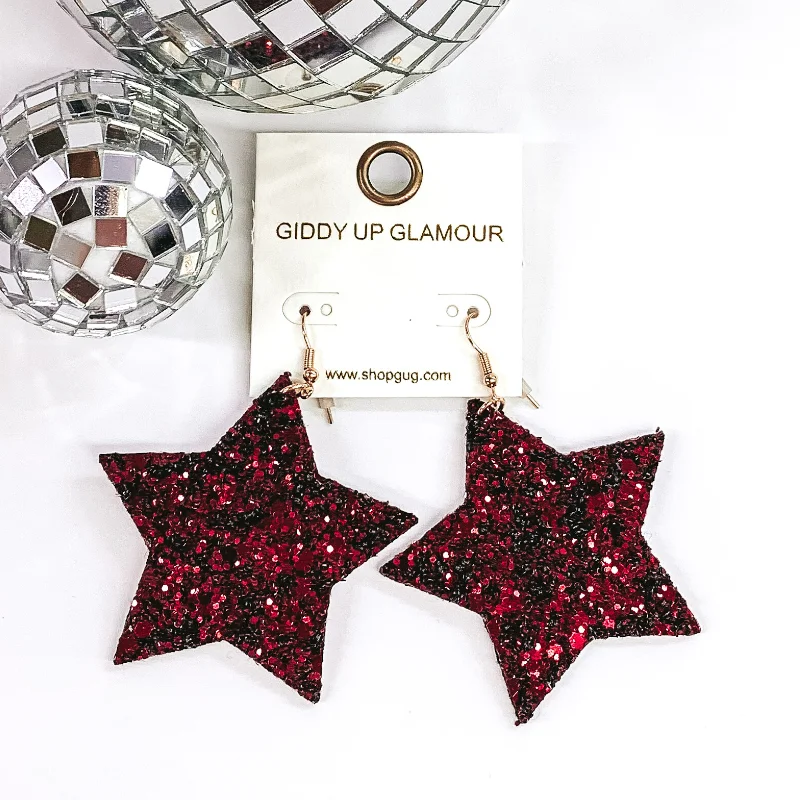 Hypoallergenic Drop Earrings for Sensitive -Glitter Star Earrings in Burgundy