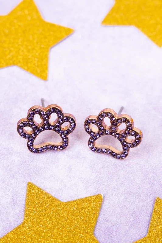 Drop Earrings with Abstract Designs -Pave Purple Crystal Goldtone Paw Print Earrings