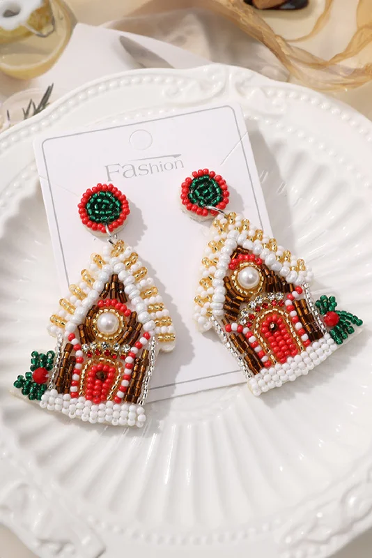 Vintage Drop Earrings with Patina -White Christmas Style House Beaded Stud Dangle Earrings