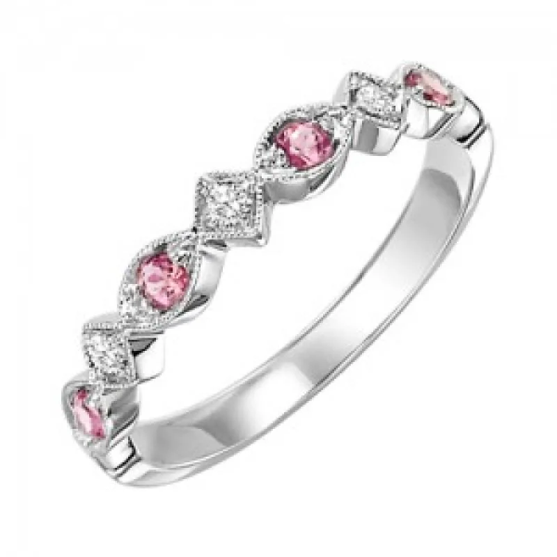 Rings with polished tourmaline for vibrant shine -Pink Tourmaline Birthstone Diamond Ring 10K White Gold