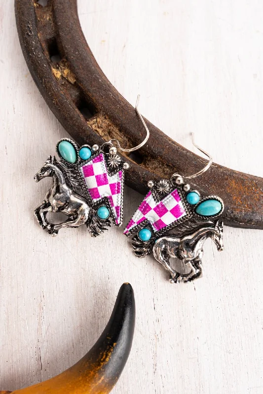 Drop Earrings for Festival Style -Pink Checkerboard Turquoise Stallion Silvertone Earrings