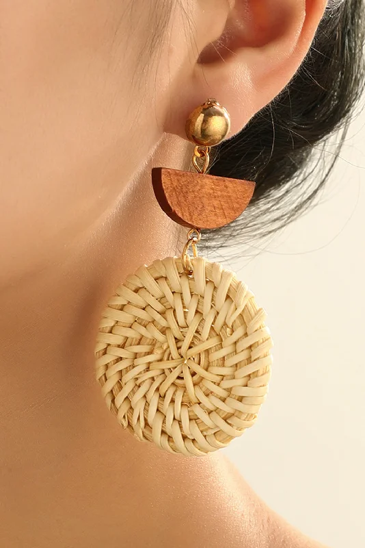 Oval Drop Earrings for Grace -Beige Wooden Woven Disc Dangle Earrings