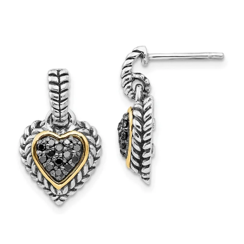 Heart Shaped Drop Earrings for Love -Curata 925 Sterling Silver Textured Polished Prong set Post Earrings 14k Yellow Black Diamond Love Heart Long Drop Dangle