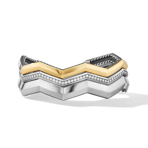 Bracelets with etched floral bands for detail -Zig Zag Stax Three Row Cuff Bracelet in Sterling Silver with 18K Yellow Gold and Diamonds, 17.4mm