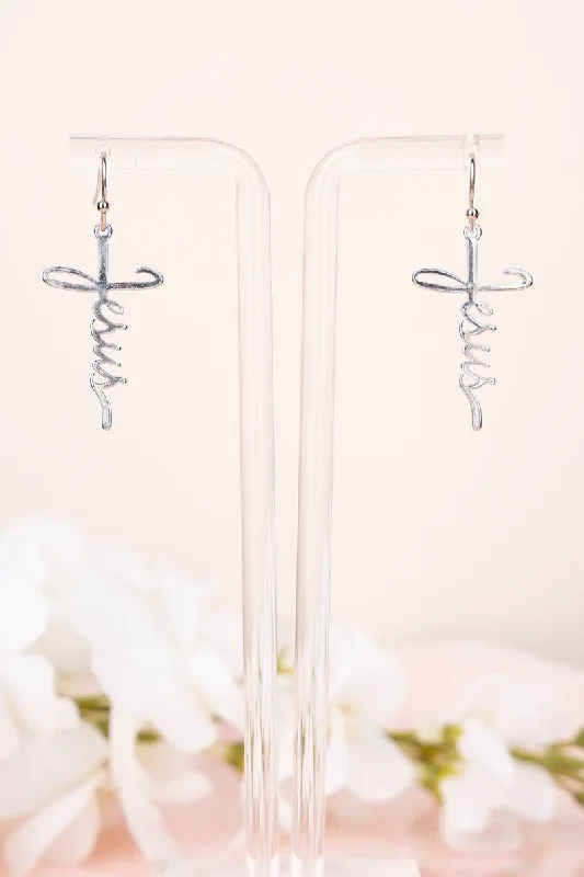 Small Drop Earrings for Delicate -Crystal Avenue Silvertone Jesus Script Cross Earrings