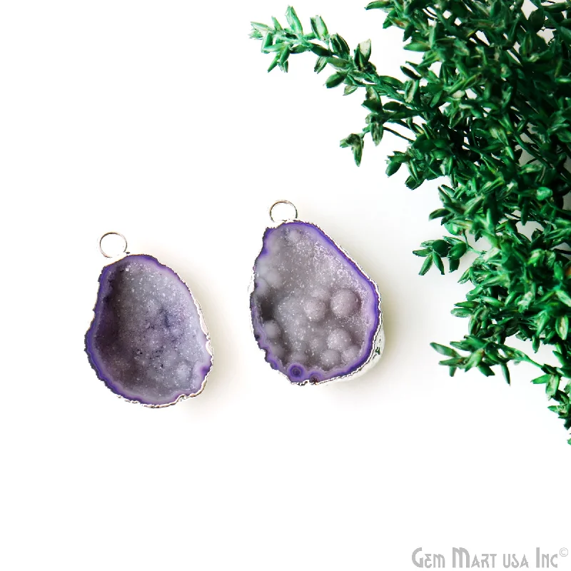 Rings with vintage-inspired rose-cut diamonds -Geode Druzy 21x31mm Organic Silver Electroplated Single Bail Gemstone Earring Connector 1 Pair