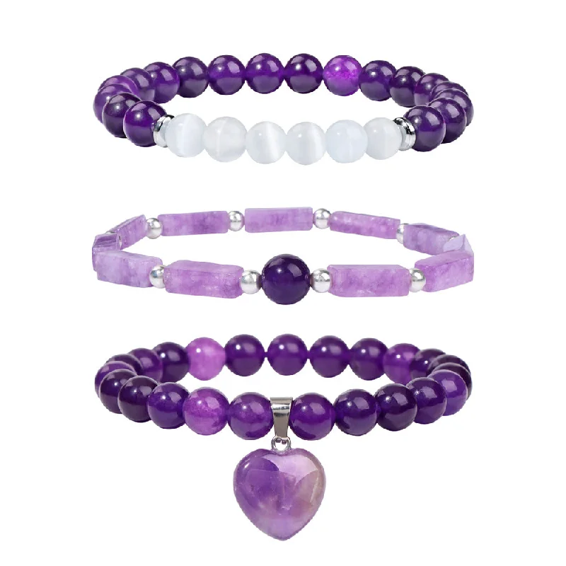 Bracelets with floral motifs for romantic touch -Wholesale Natural Amethyst Rectangular Bar Amethyst Stone Bead Love Pendant Set Combination Bracelet