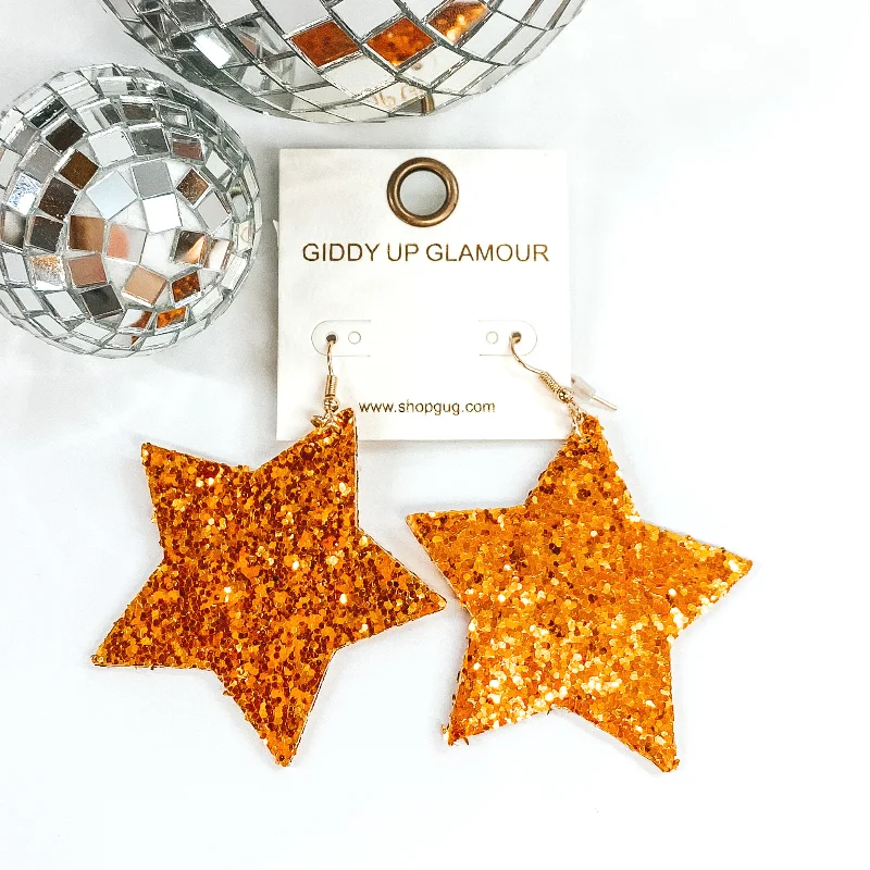 Drop Earrings for Graduation Day -Glitter Star Earrings in Orange