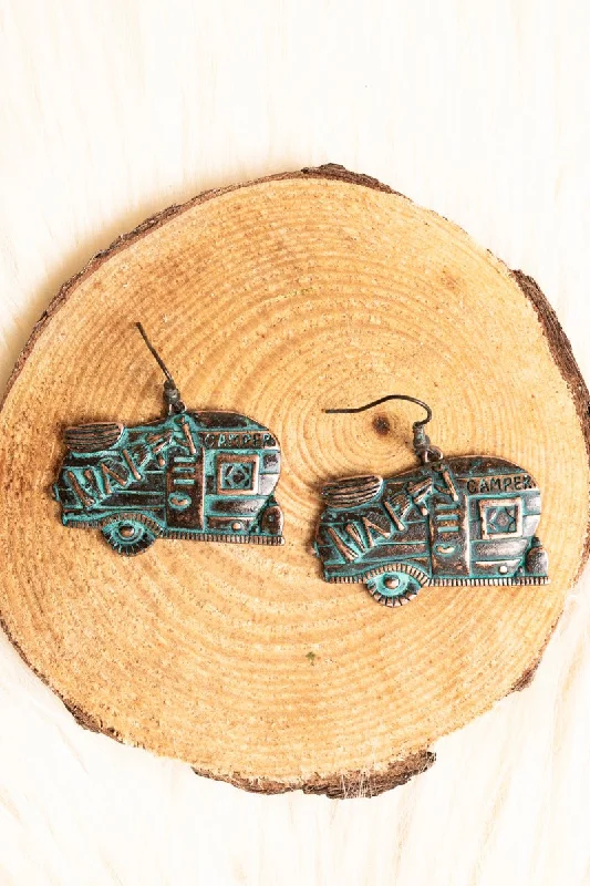 Drop Earrings with Chevron Designs -SALE! Patina Coppertone Happy Camper Earrings