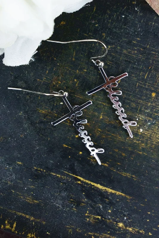 Drop Earrings for Wellness Routine -Crystal Avenue Silvertone Blessed Script Cross Earrings