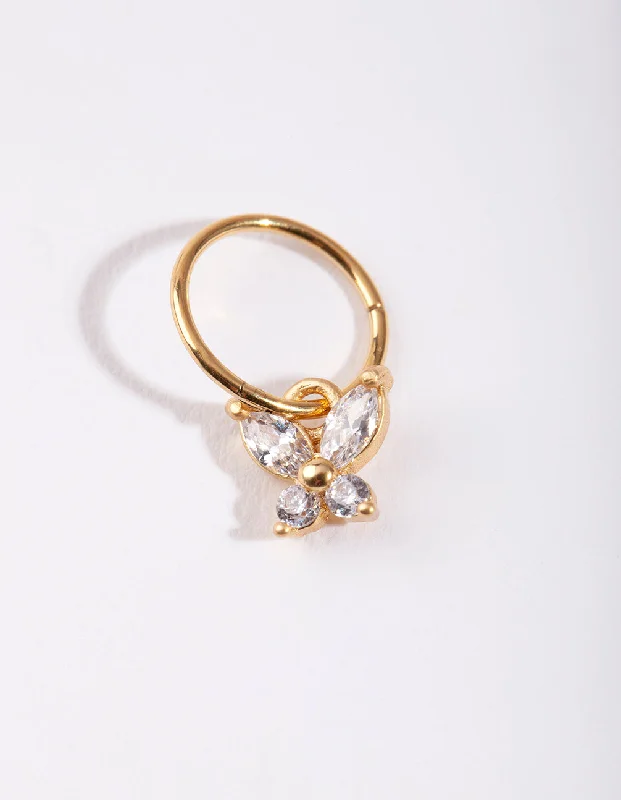 Rings with vintage claw prongs for elegance -Gold Surgical Steel Cubic Zirconia Butterfly Clicker Earring