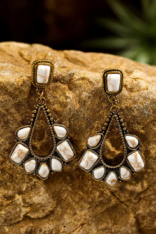 Crystal Drop Earrings for Sparkle -White Turquoise Inlay Cut Out Western Dangle Earrings