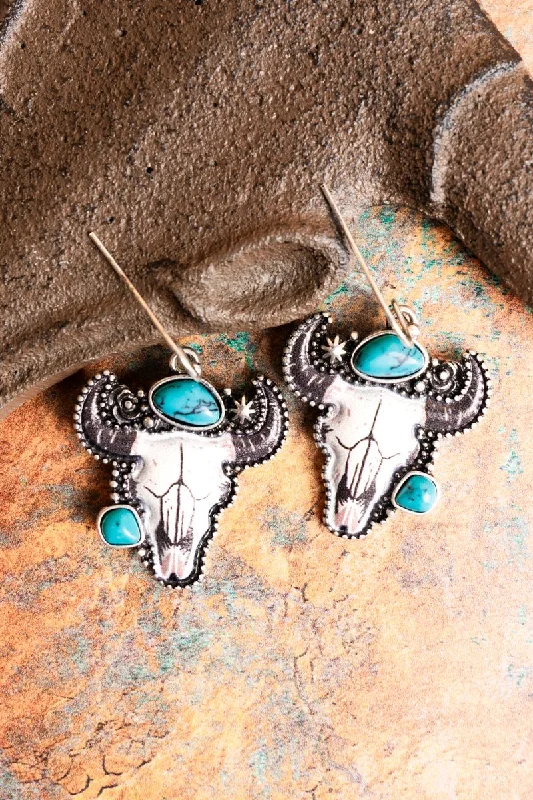 Short Drop Earrings for Subtle -Litchfield Turquoise and Silvertone Steer Skull Earrings