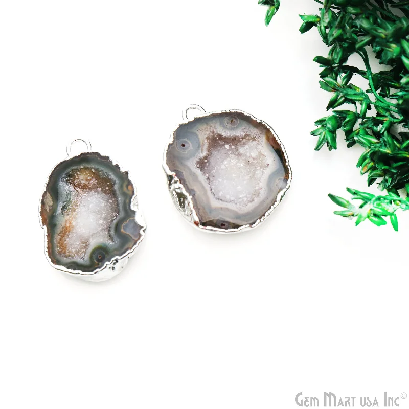 Rings with branch-inspired bands for organic -Geode Druzy 25x19mm Organic Silver Electroplated Single Bail Gemstone Earring Connector 1 Pair