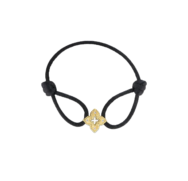 Bracelets with wave engravings for ocean vibes -Roberto Coin Venetian Princess Diamond Flower Black Silk Cord Bracelet