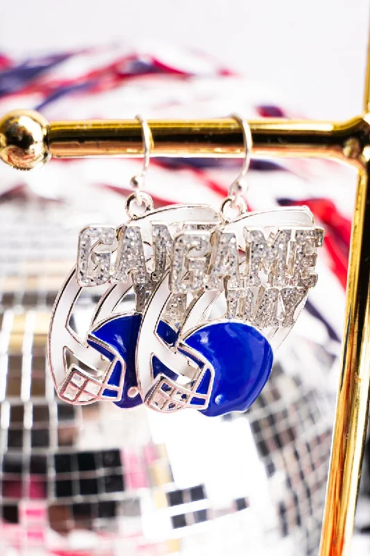 Push Back Drop Earrings for Convenience -Gameday Blue and White Crystal Earrings