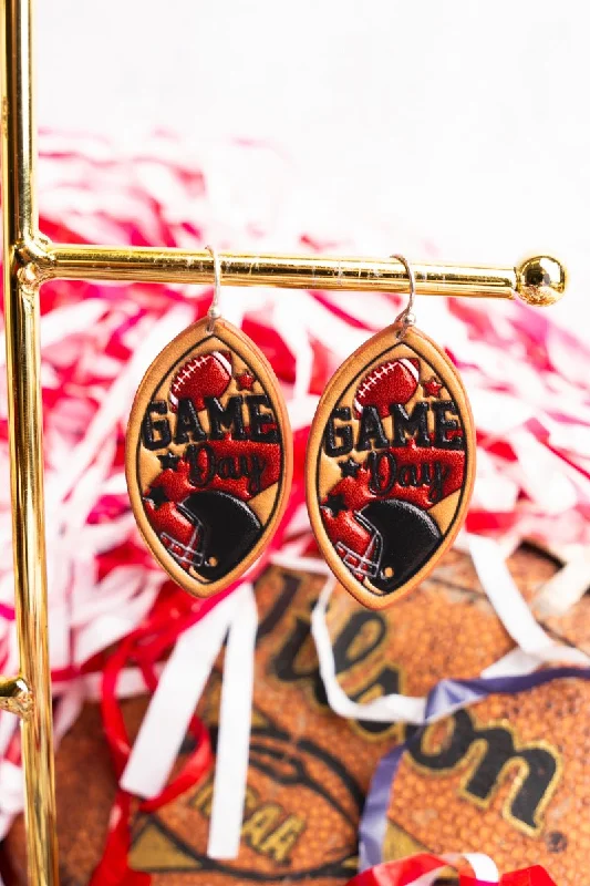 Small Drop Earrings for Delicate -Black and Red Football Gameday Embossed Faux Leather Earrings