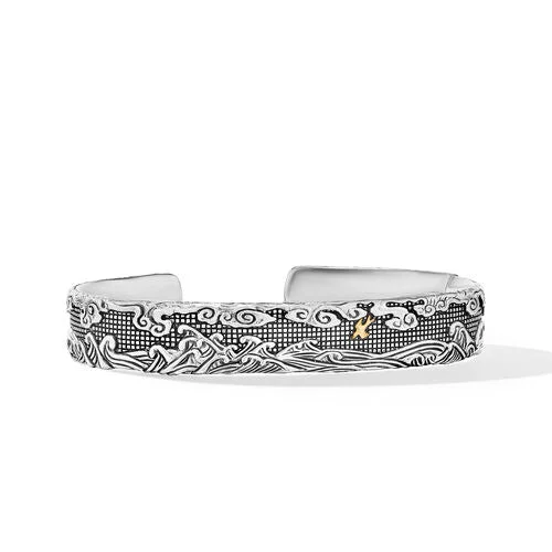 Bangles with bold onyx stones for contrast -Waves Cuff Bracelet in Sterling Silver with 18K Yellow Gold, 12mm